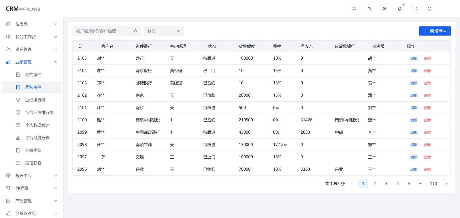 CRM客户管理系统 团队审件列表界面